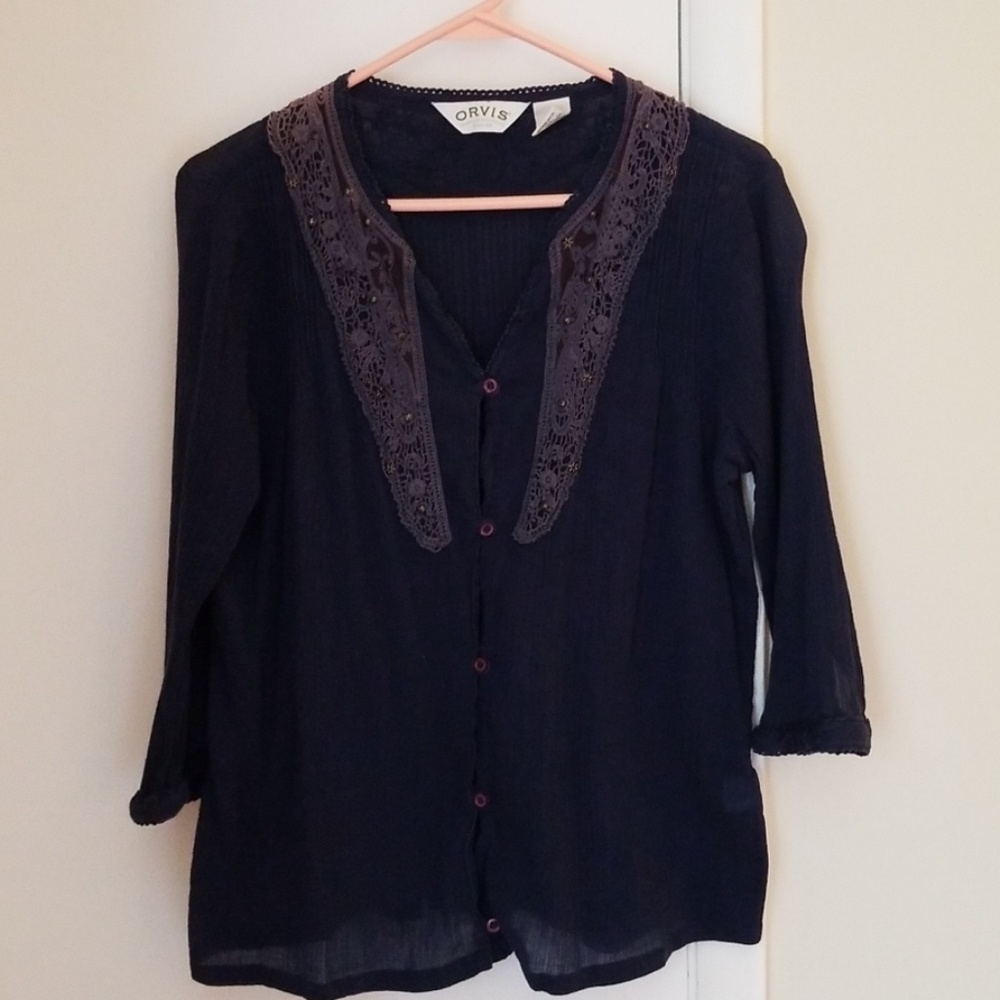 Orvis Button Up Peasant Blouse - Drk Ble